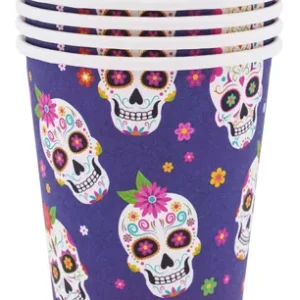 Vasos Descartable Poli Papel de Calavera Mexicana Halloween x 6