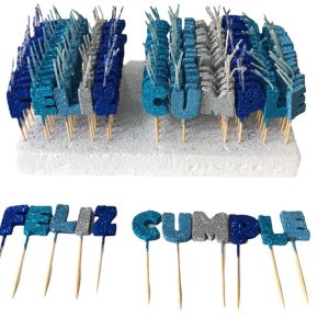 Velas Frase "Feliz Cumple" Celeste y Plateado x1