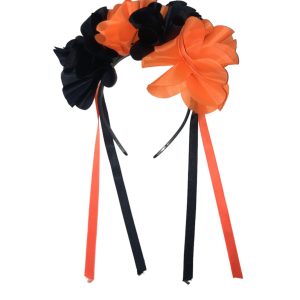 Vincha 4 Flores Con Lazo Naranja y Negro x1