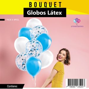 Bouquet De Globo Latex Mas Confeti Celeste Y Blanco