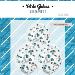 Globo Cristal Con Confeti Blanco y Celeste Metalizado x 3