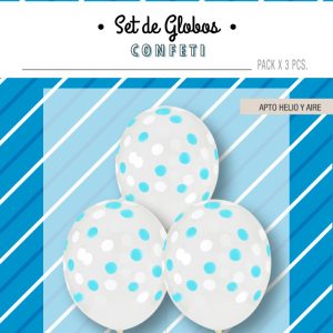 Globo Cristal Con Confeti Blanco y Celeste x 3