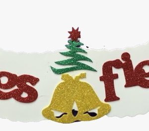 Cartel Felices Fiestas Blanco con Letras Rojas, Muerdago, Arbolito, Campanas x1
