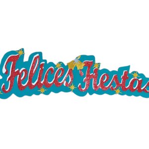 Cartel Felices Fiestas Verde con Letras Rojas, Estrellitas doradas y Campanas Doradas x1