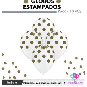 Globo De Latex Cristal Estampado con lunares dorados x 10