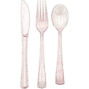 Cubiertos descartables Rosa con Glitter x12