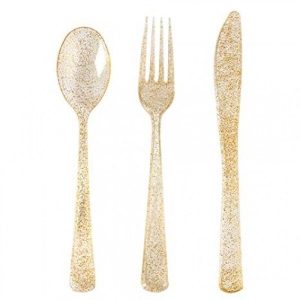 Cubiertos descartables Dorados con Glitter x12