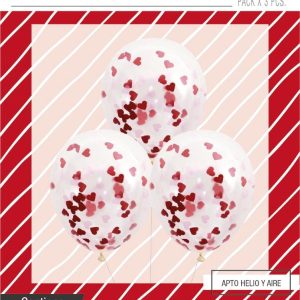 Globo cristal con confeti metalizado corazones x 3