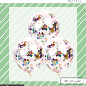 Globo cristal con confeti metalizado estrellas x 3