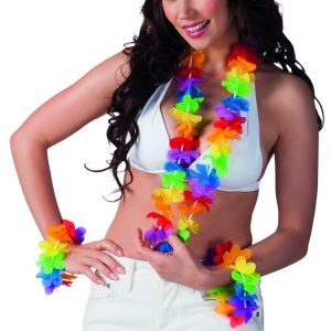 set hawaiano: collar, vincha, 2 muñequereas