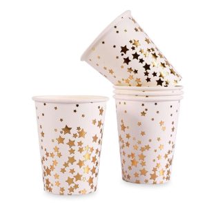 Vasos Descartables Poli Blancos con Estampados Estrellas Doradas x8