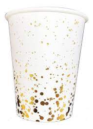 Vasos Descartables Poli Blancos con Estampados Confeti Dorados x8