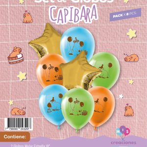 Set de globos mylar + latex estampado capibara/carpincho x1