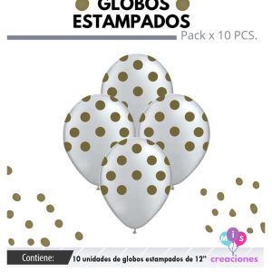 Globo De Latex Estampado Blanco con lunares dorados x 10u