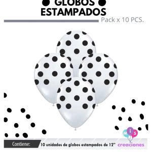 Globo De Latex Estampado Blanco con lunares negros x 10u