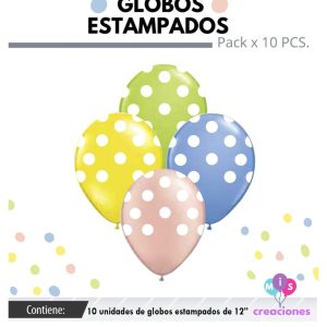 Globo De Latex Estampado Multicolor pastel con lunares blancos x 10u