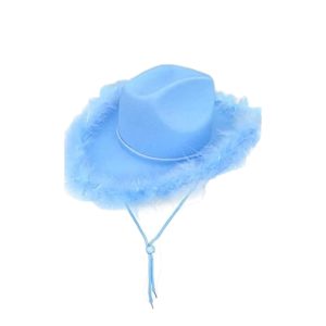 Sombrero cowboy celeste con plumas x1