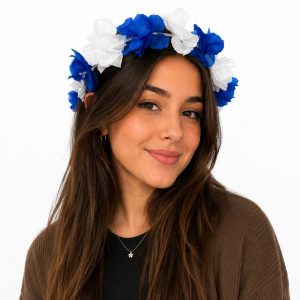 VINCHA HAWAIANA CON FLORES CELESTE Y BLANCA X12